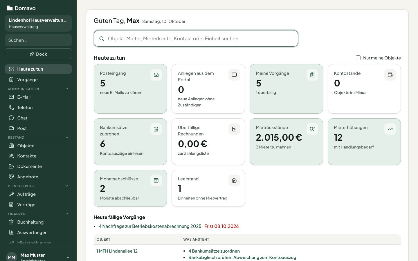 Startseite „Heute zu tun“ mit Posteingang, Vorgängen, Bankumsätzen und Mietrückständen