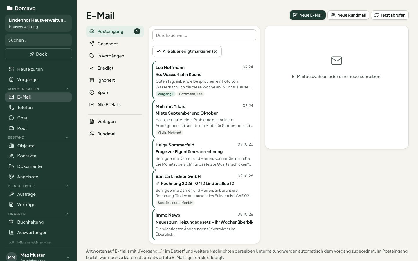 E-Mail-Posteingang mit Zuordnung zu Mietern und Vorgängen