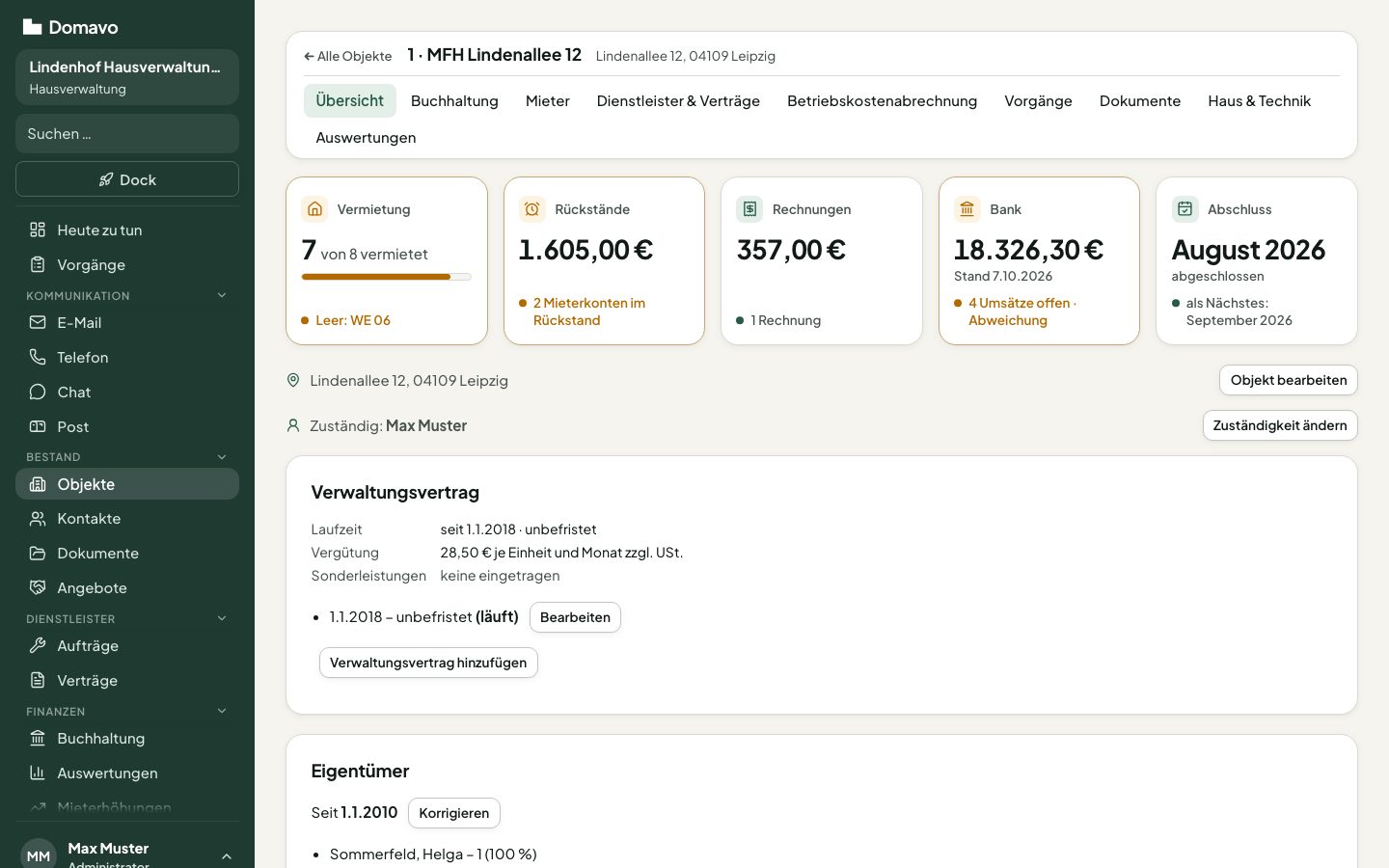 Objekt-Übersicht mit Kennzahlen