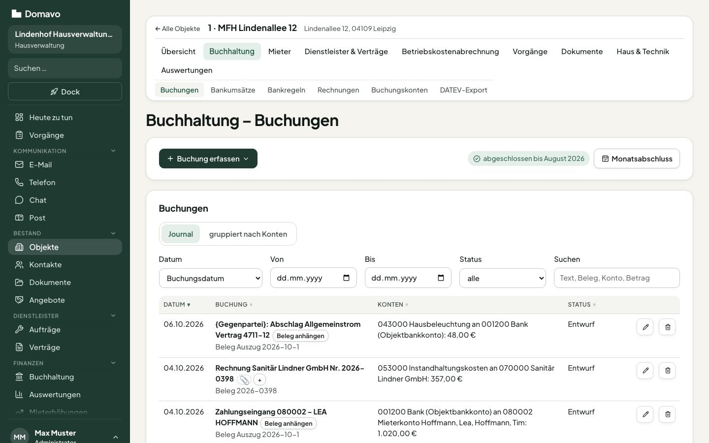 Buchungsjournal eines Objekts