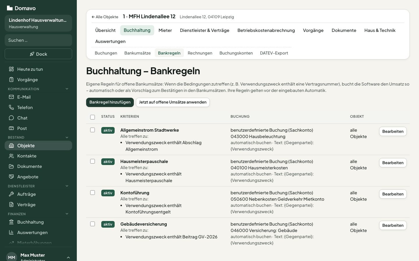 Bankregeln je Objekt