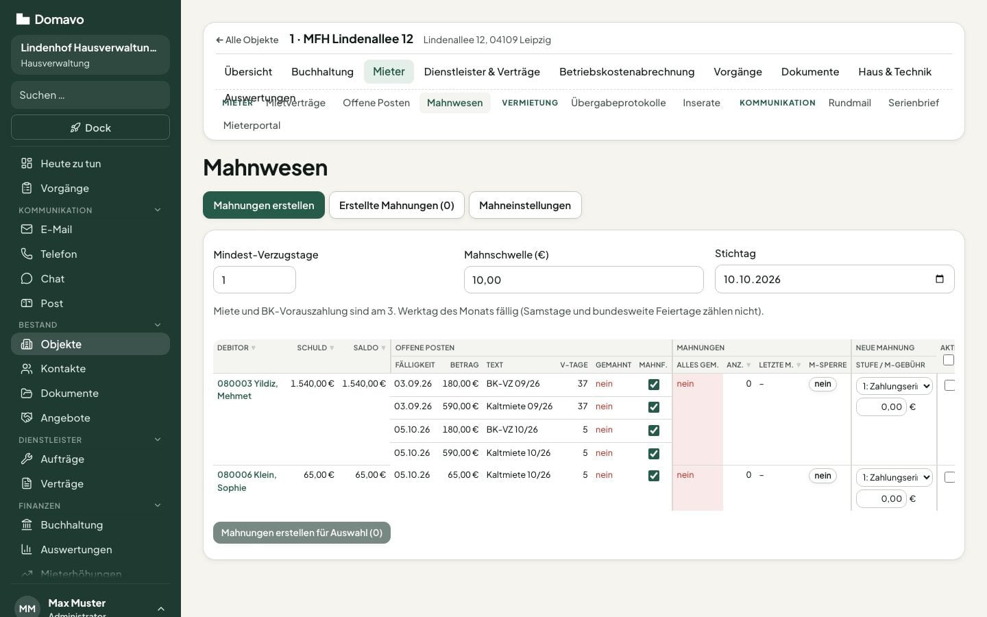 Mahnwesen mit offenen Posten je Mieter