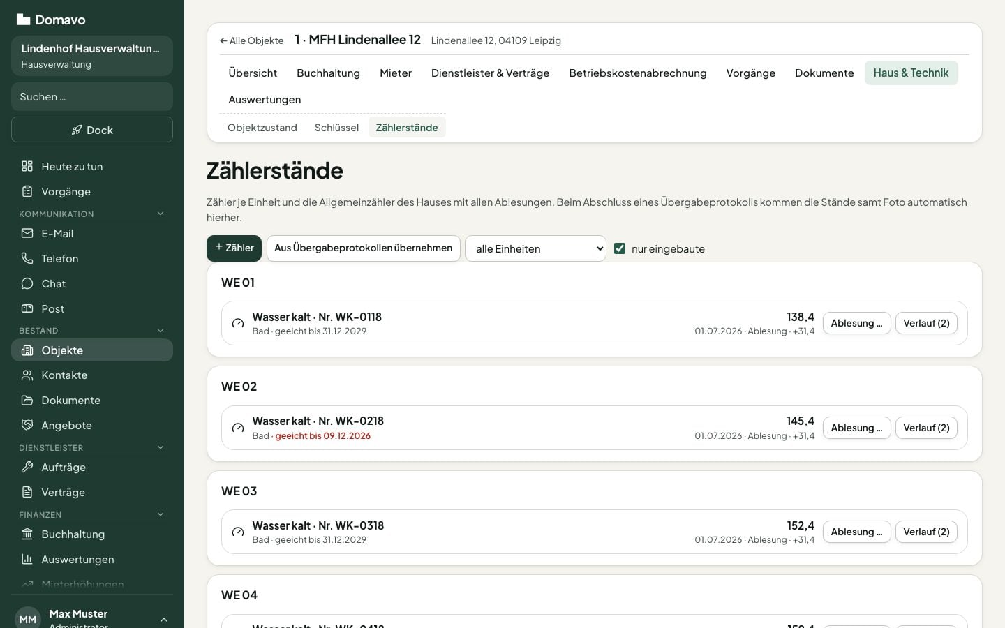 Zählerstände je Einheit