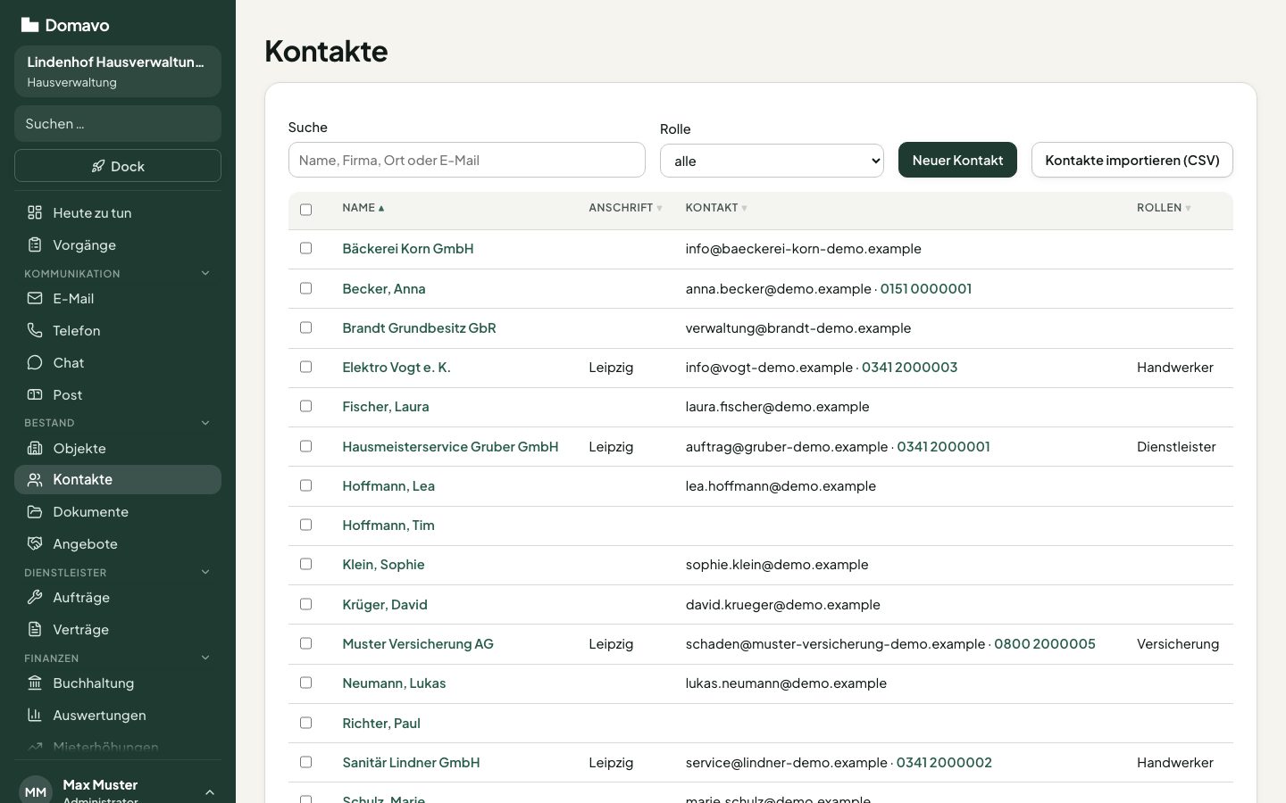 Kontaktliste mit Mietern, Eigentümern und Dienstleistern