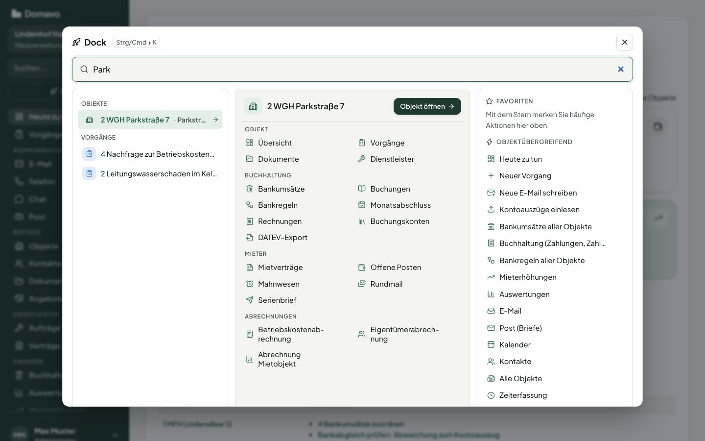 Dock mit Suche und Schnellaktionen je Objekt