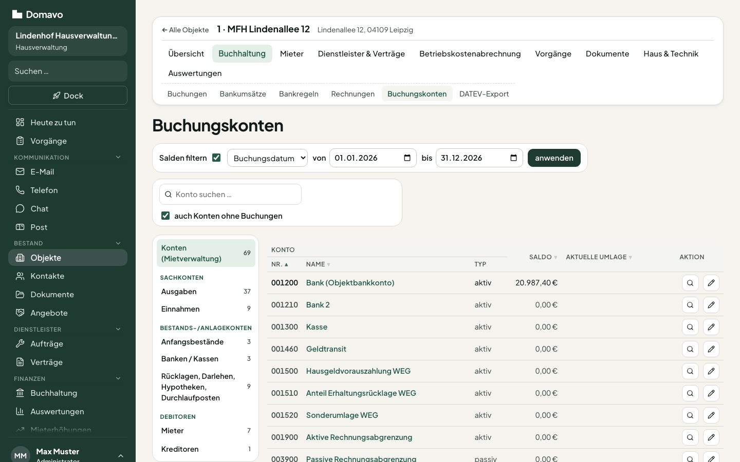Buchungskonten mit Kategorien und Saldo