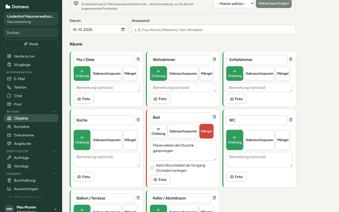 Digitales Übergabeprotokoll mit Räumen, Zustand und Mängeln